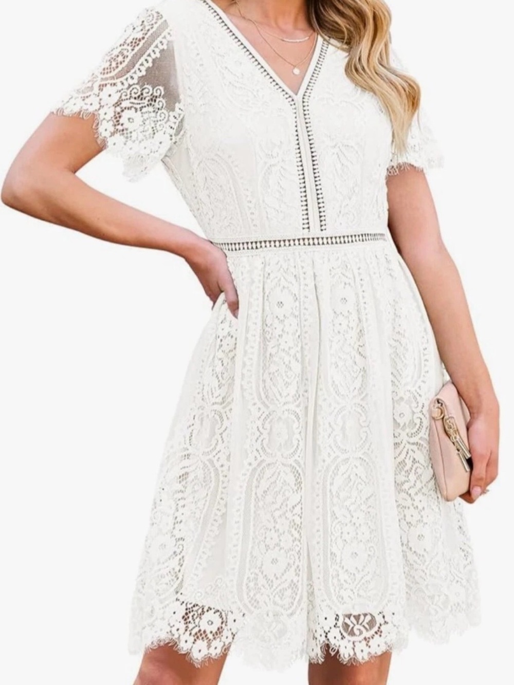 Women's Bohemian White Lace V-Neck Dress Large NWT Bridal shower, graduation